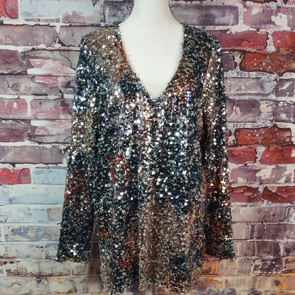 Elie Tahari "Audrey" Sparkling Paillettes V Neck Top